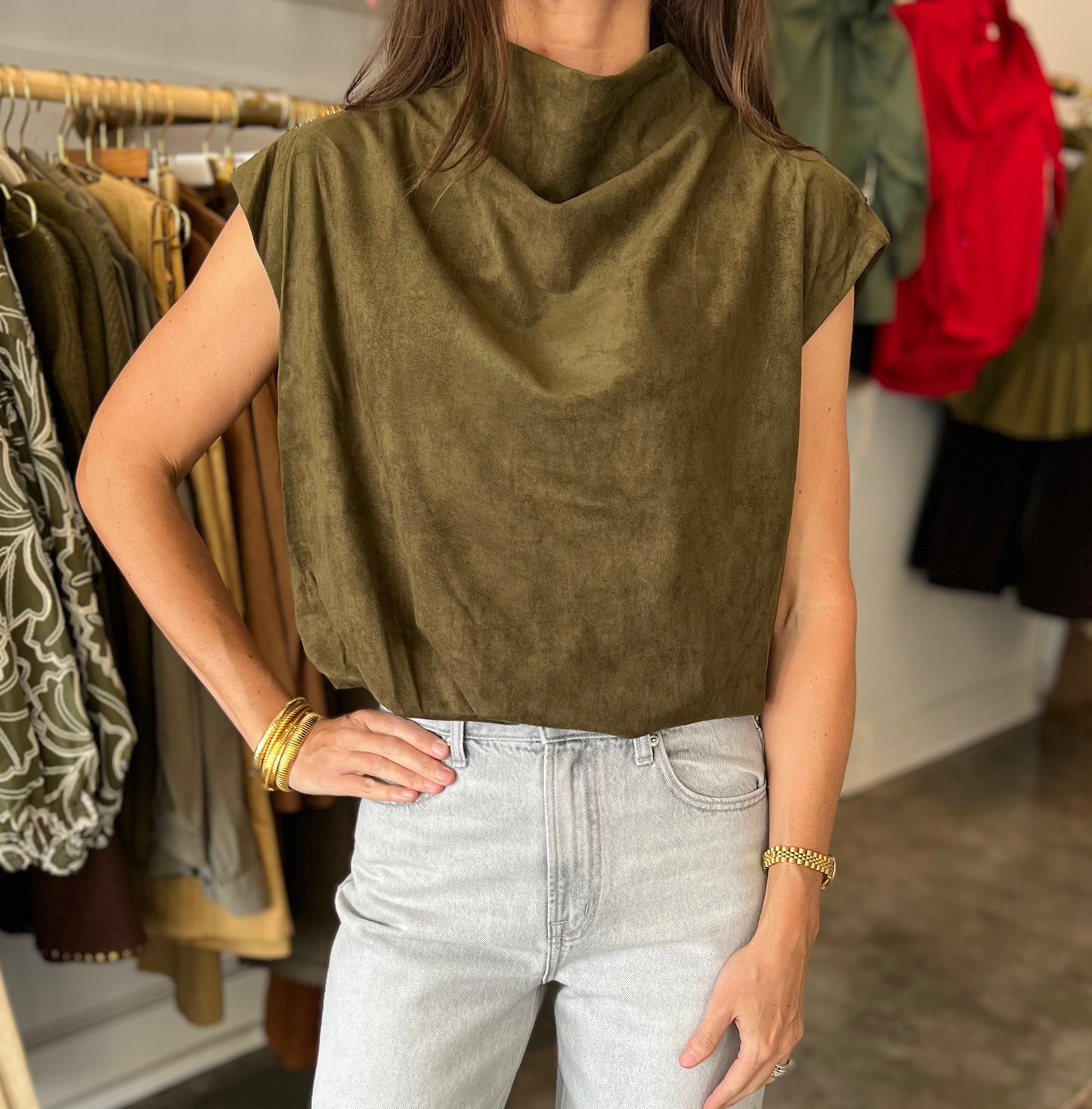 Suede Balloon Top in Olive