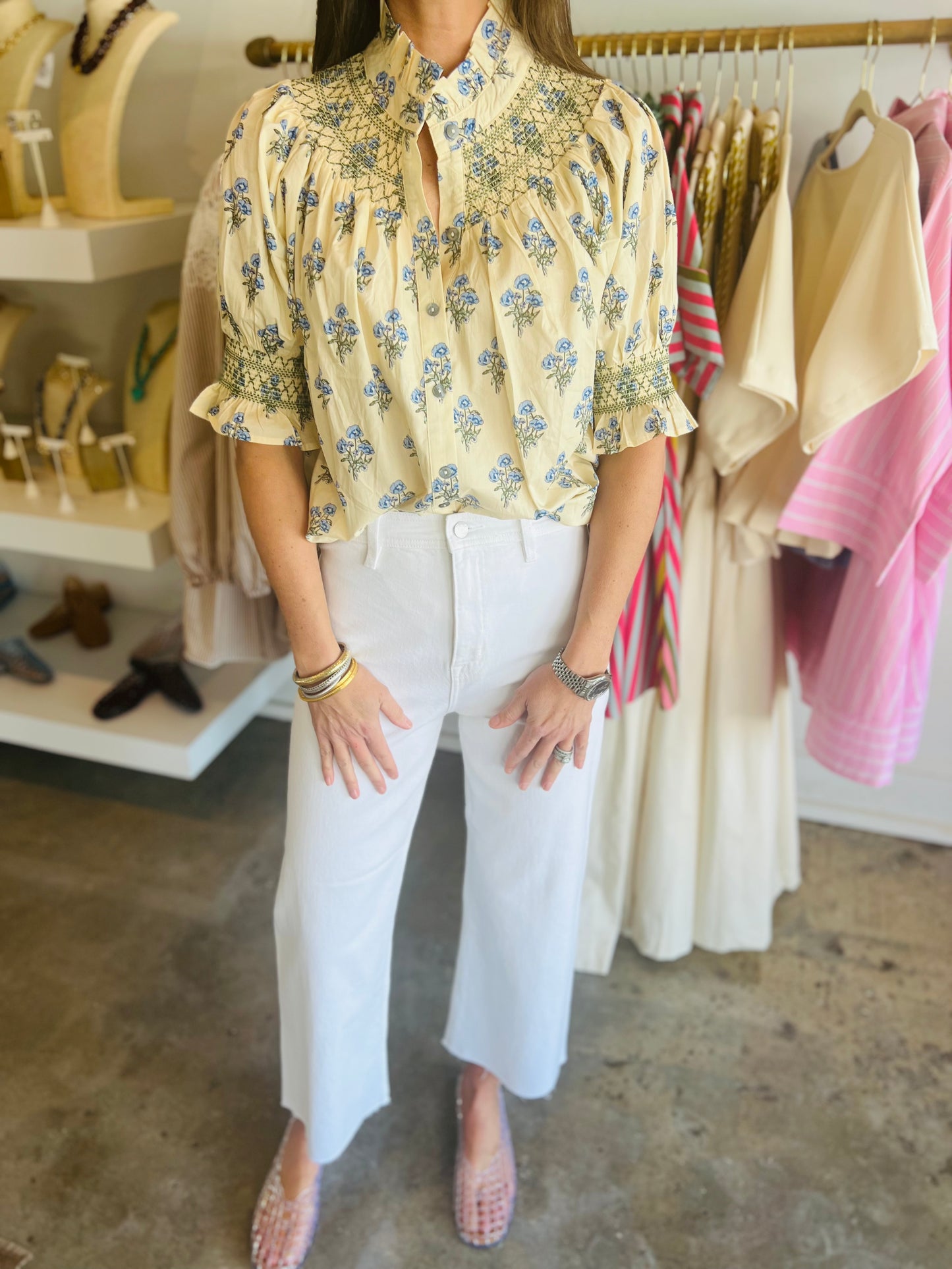 Pale Yellow Floral Smocked Blouse