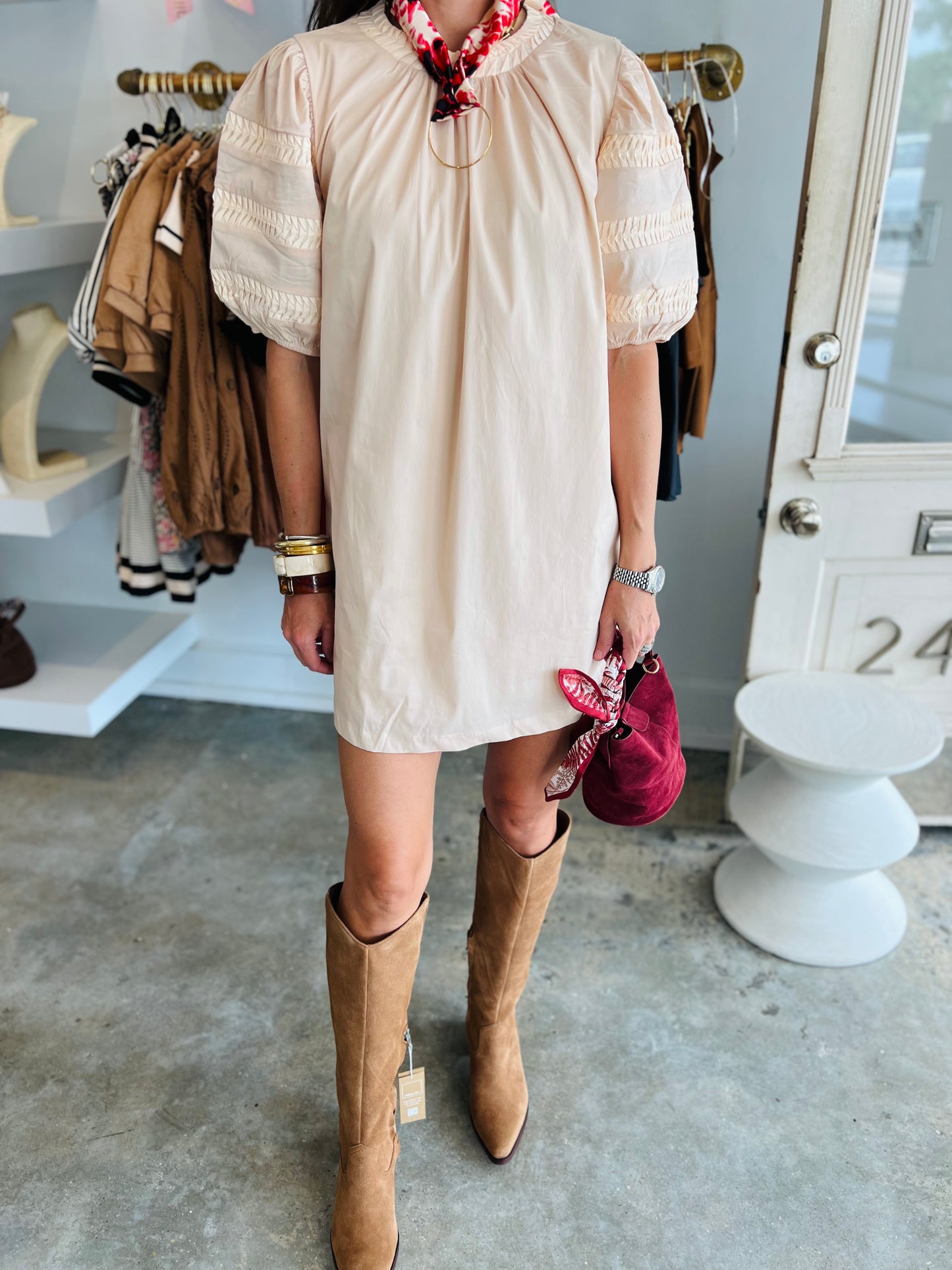 ALMOND BRAIDED SLEEVE DRESS