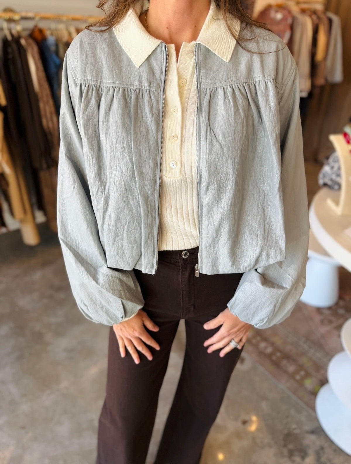 Blue Leather Bomber Jacket