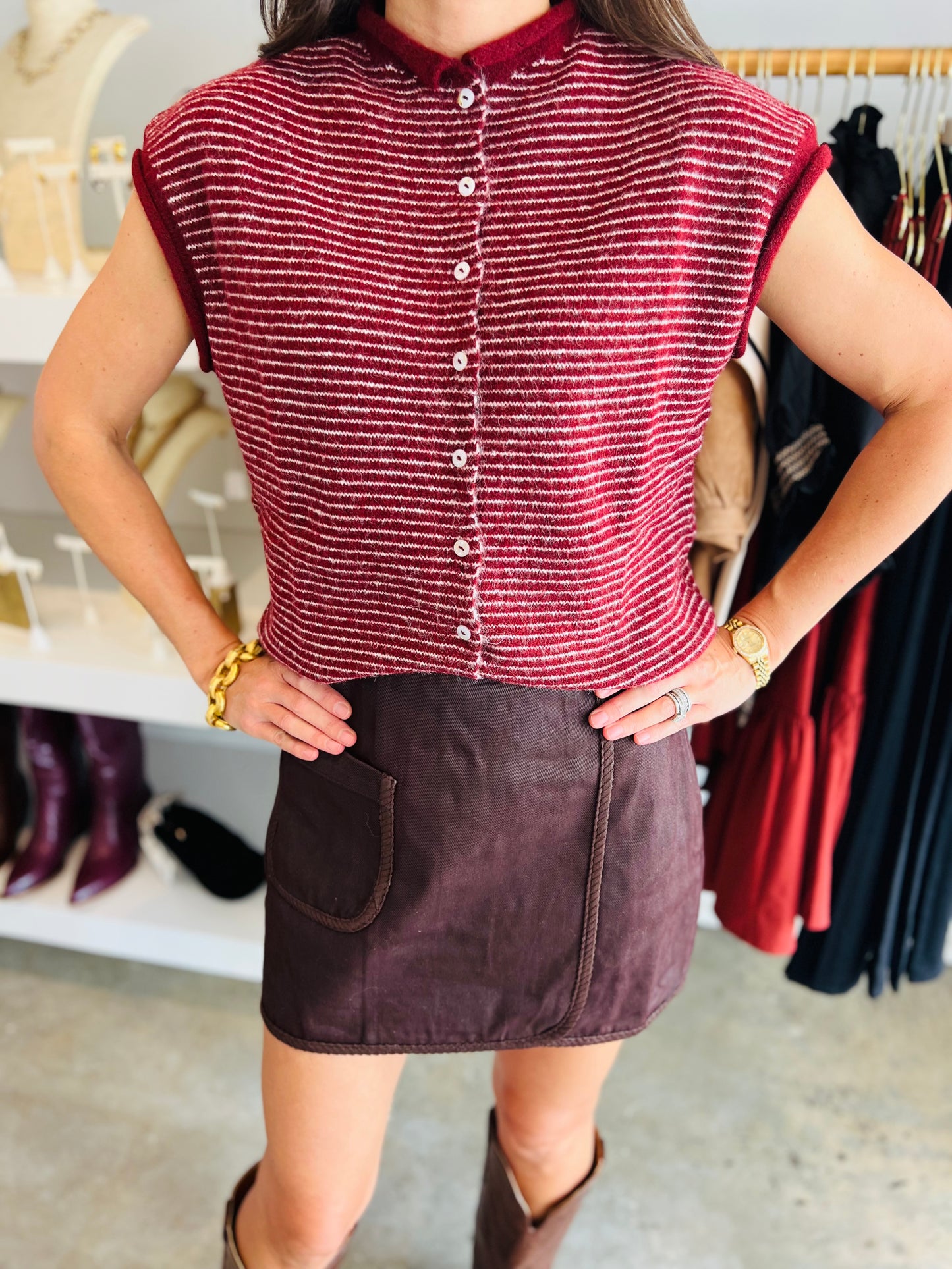 Wine Sleeveless Stripe Sweater
