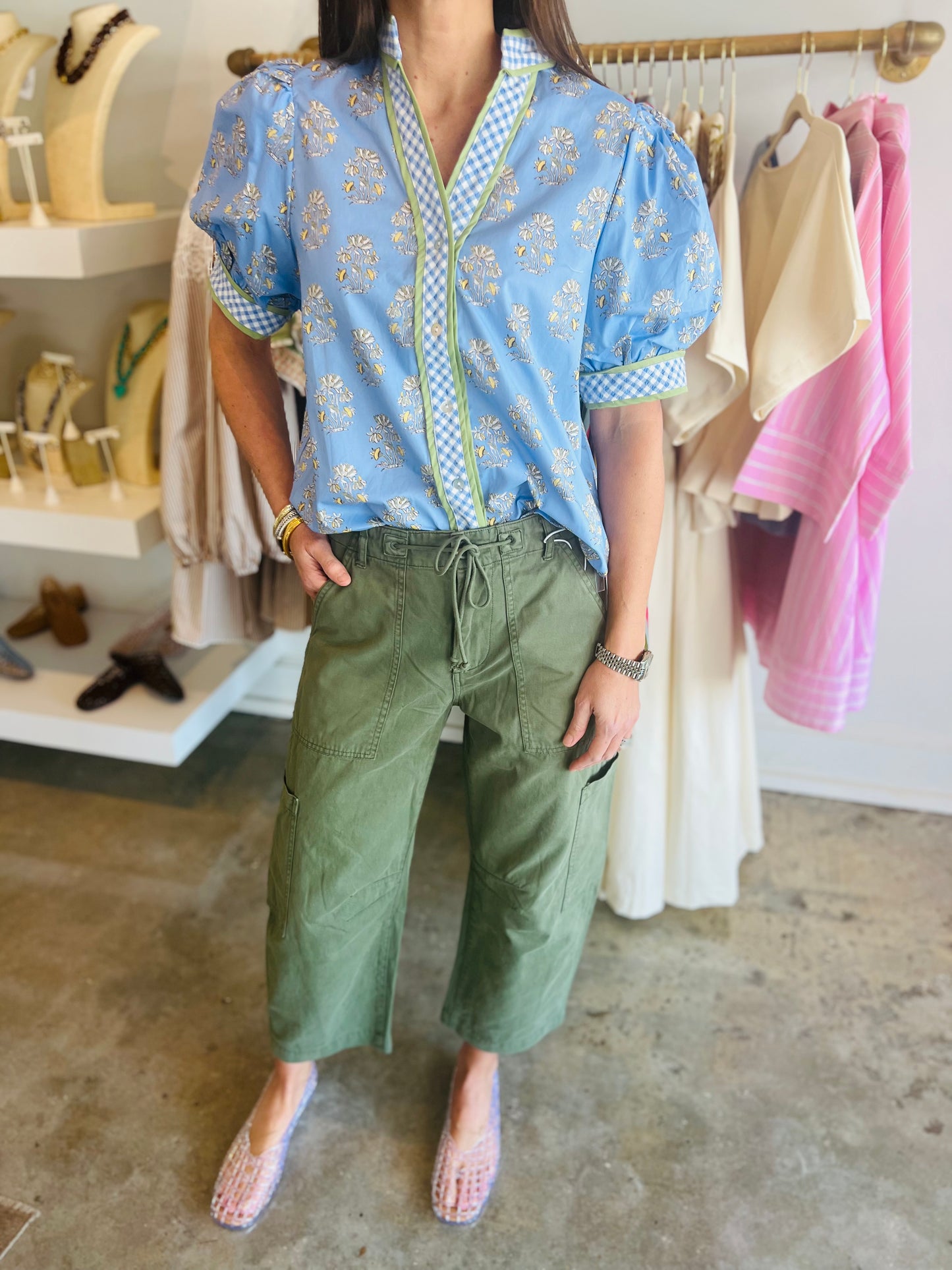 Blue Floral Gingham Blouse