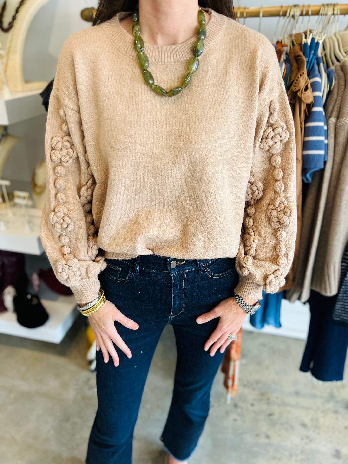 Camel Flower Sleeve Sweater
