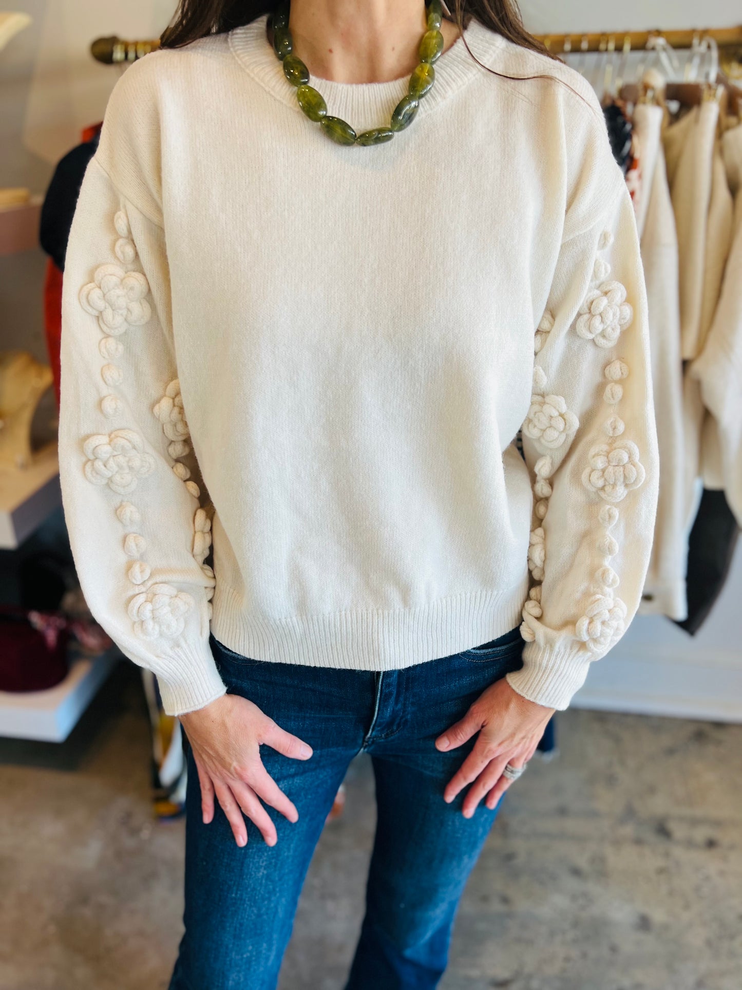 Cream Flower Sleeve Sweater
