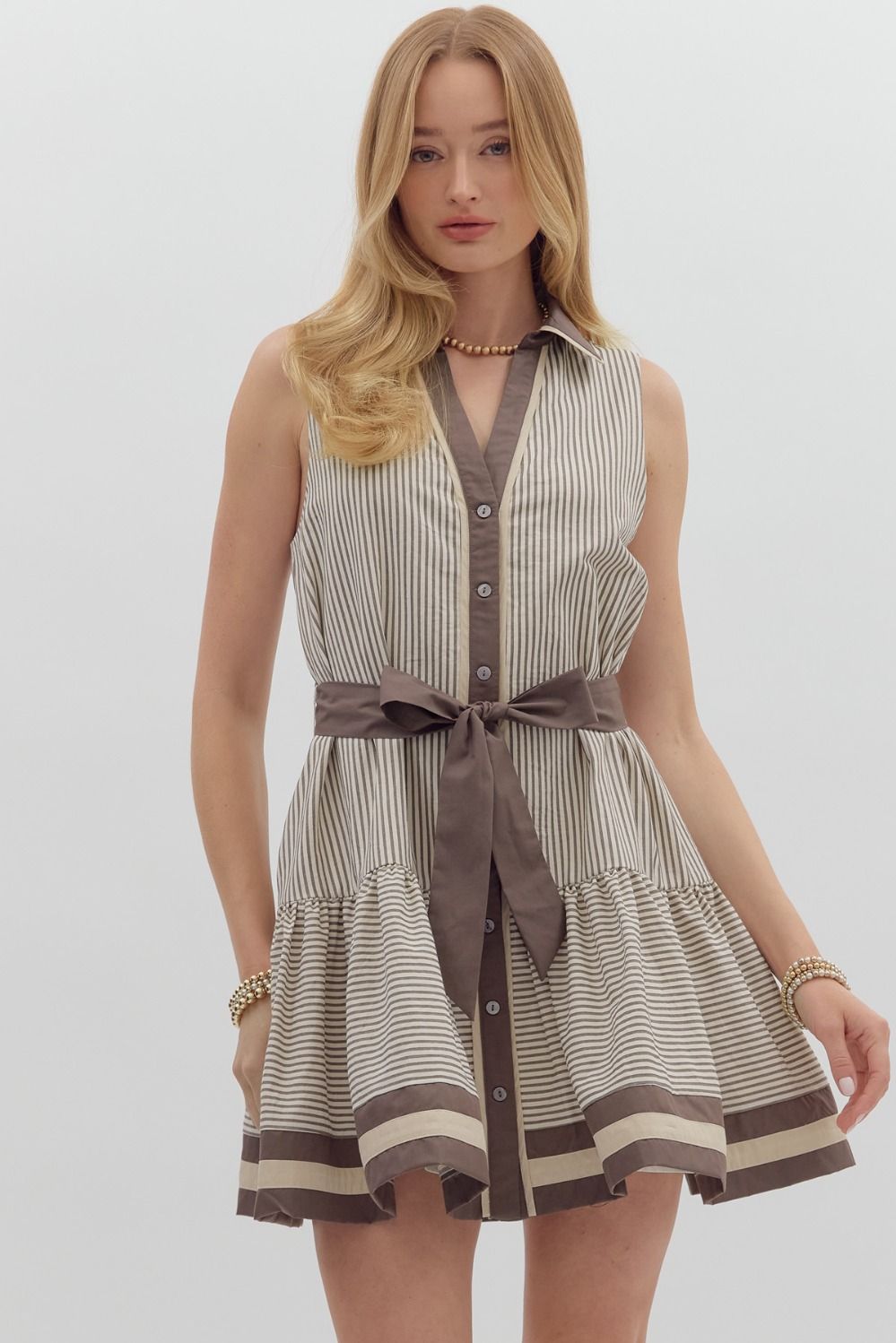 Mocha Stripe Ruffle Hem Dress