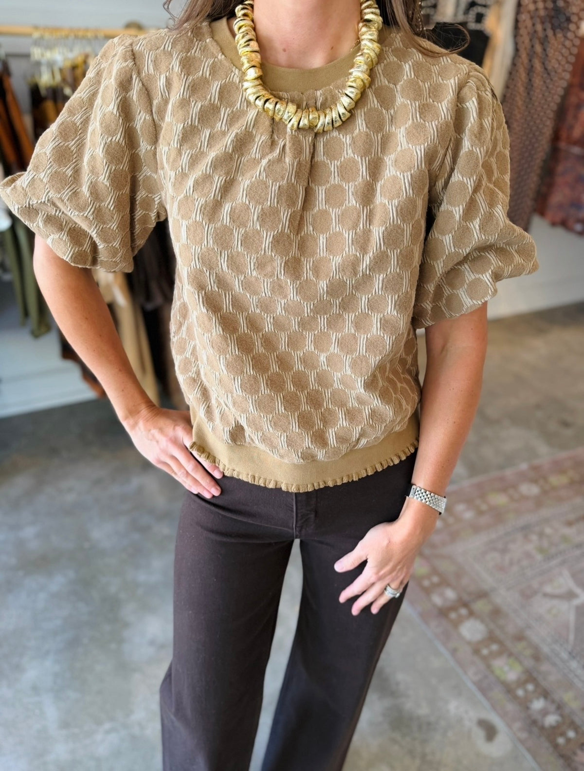 Polka Dot Rib Banded Bubble Sleeve Top