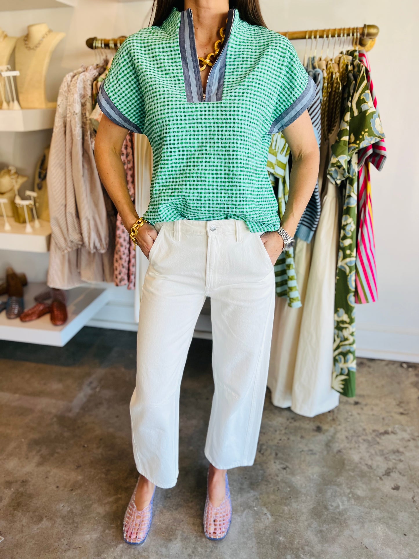 Blue Green Zipper Top