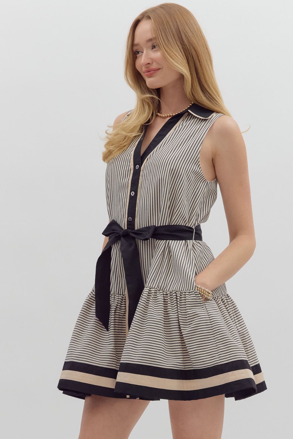 Black Stripe Ruffle Hem Dress