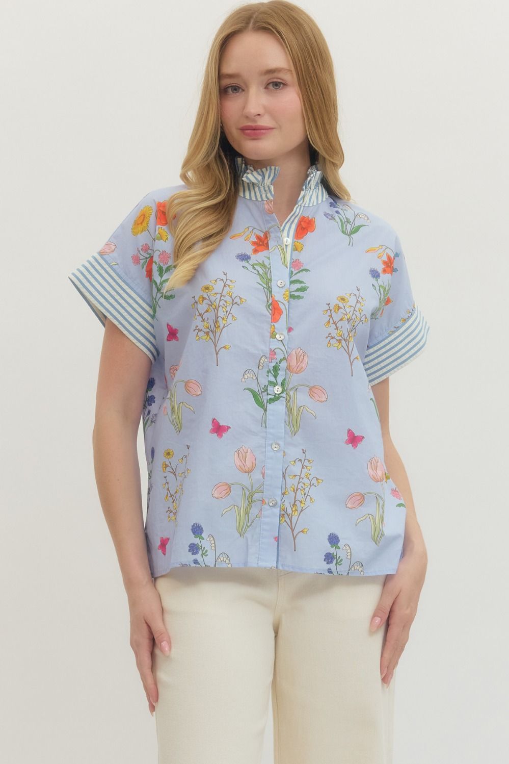 Blue Floral Collar Stripe Top