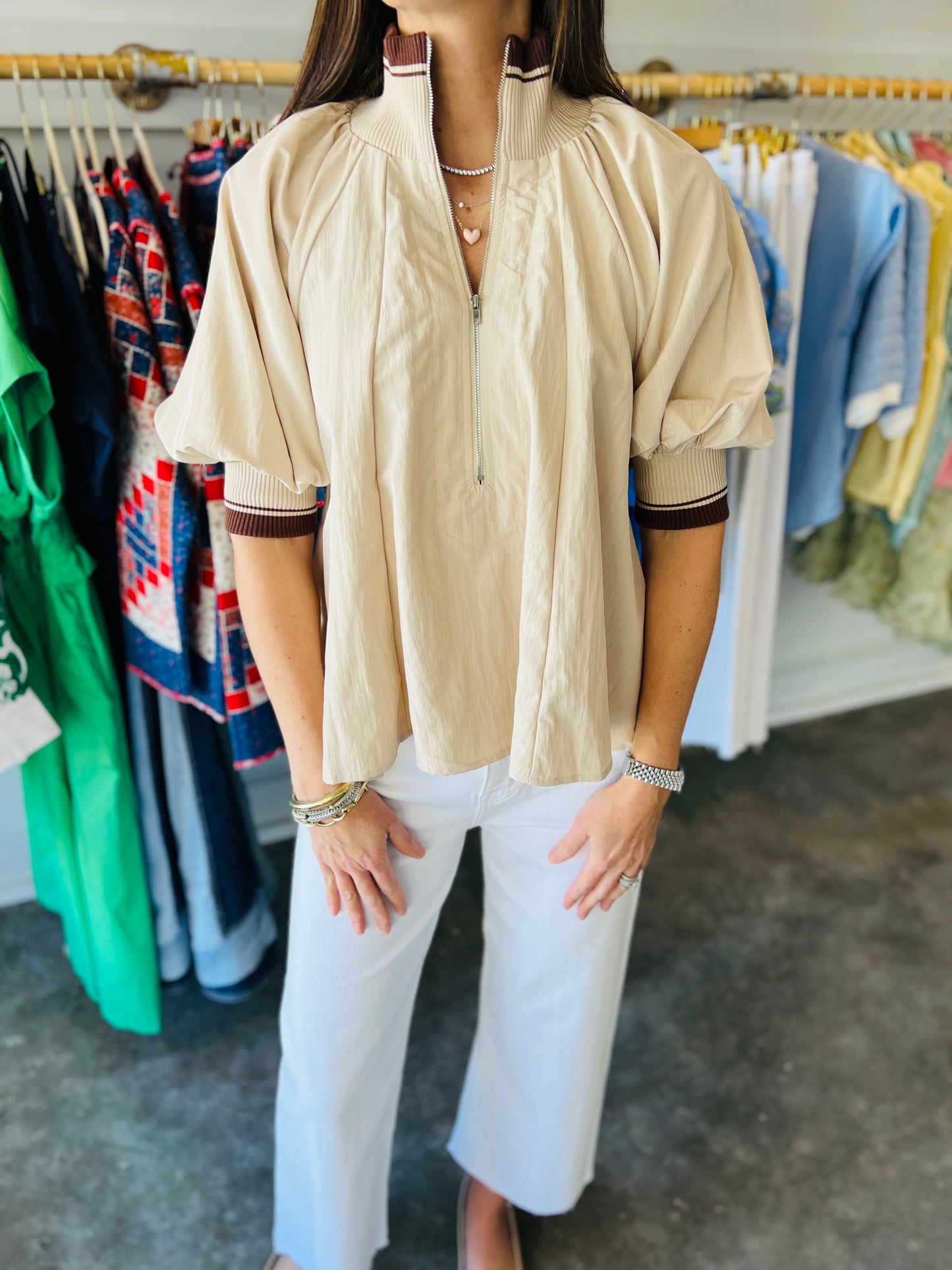 Taupe Zipper Drill Top