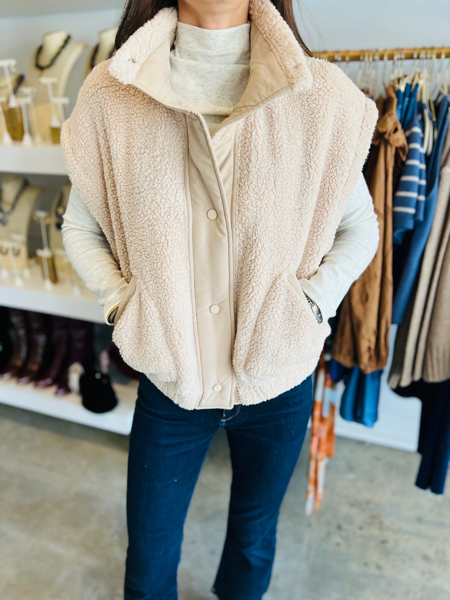 Taupe Fleece Button Down Vest