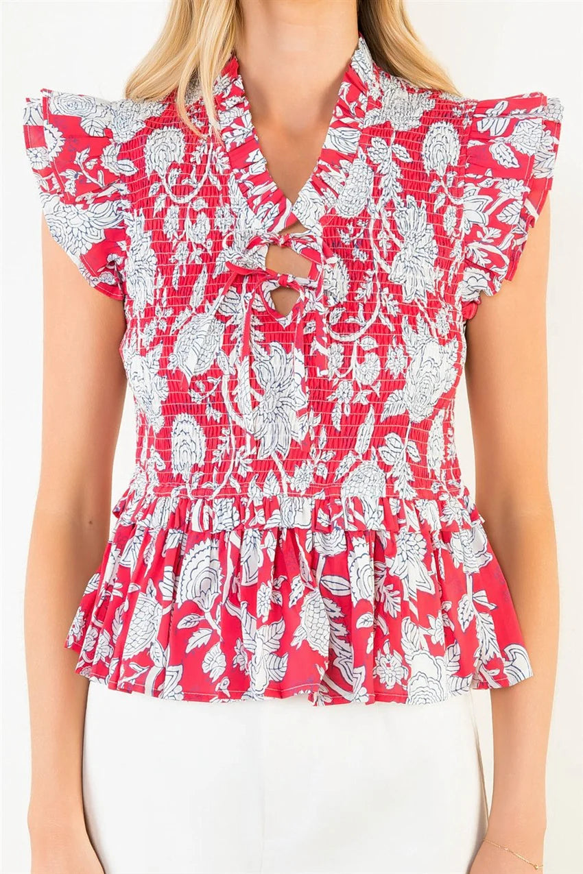 Red Smocked Floral Top