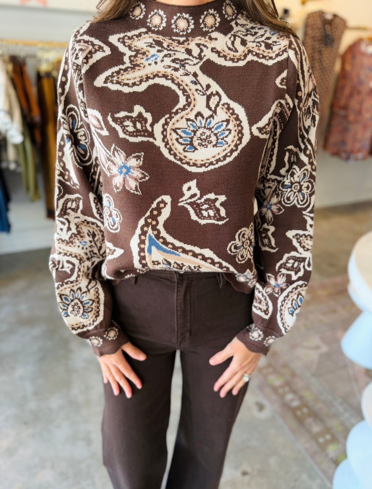 Brown Paisley Scallop Detail Sweater