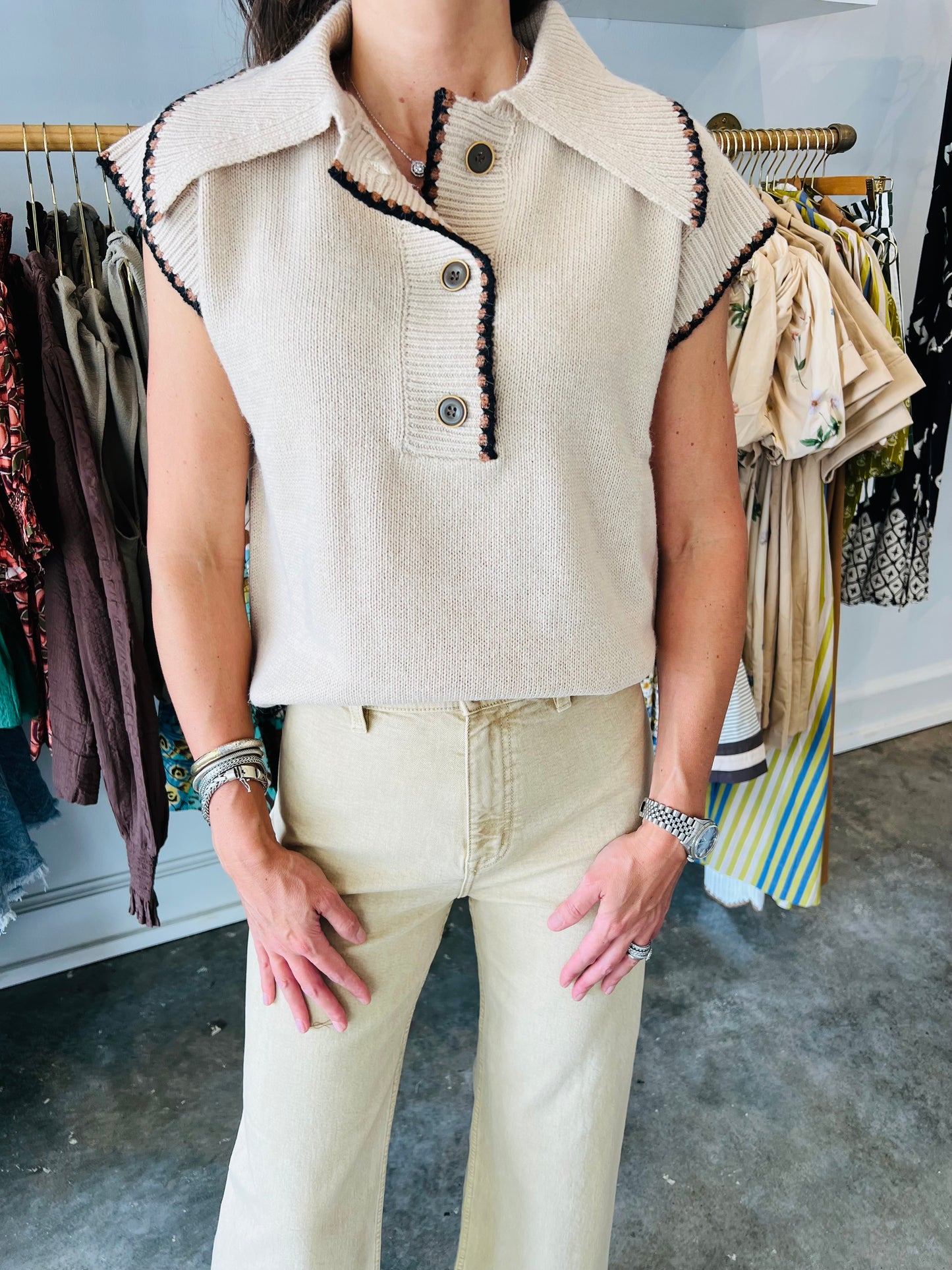 Beige Collar Sweater Top
