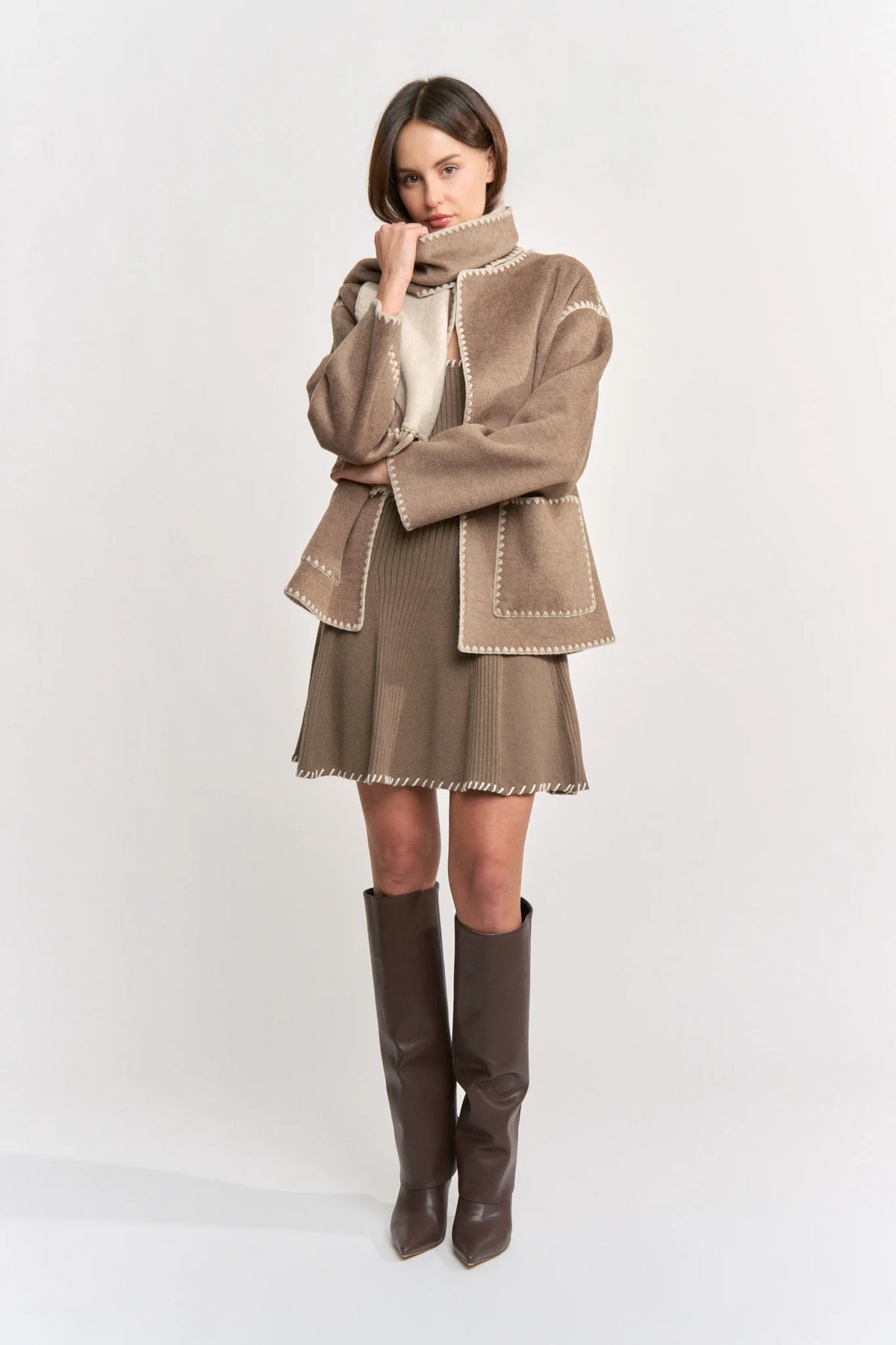 Contrast Color Oversized Coat With Matching Scarf