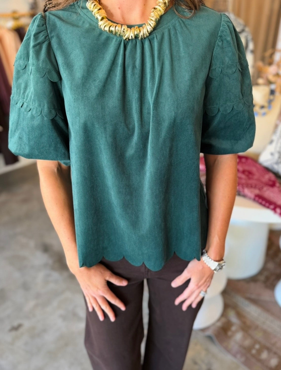 Scalloped Corduroy Bubble Sleeve Top