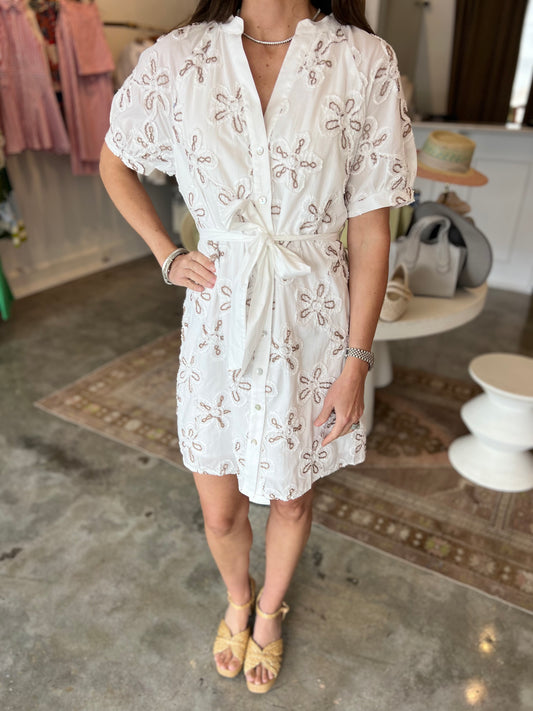 Cream Embroidered Belted Dress