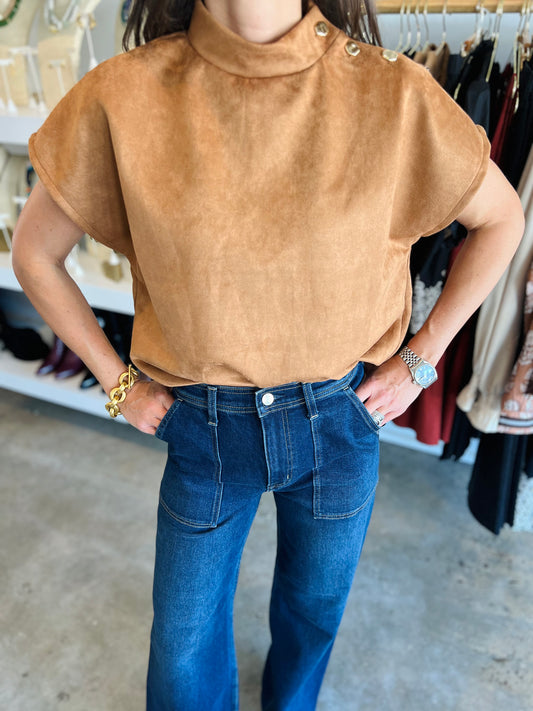 Caramel High Neck Suede Sleeveless Top