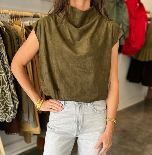 Suede Balloon Top in Olive
