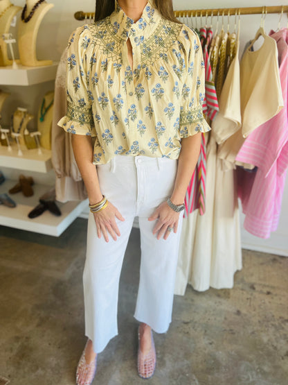 Pale Yellow Floral Smocked Blouse