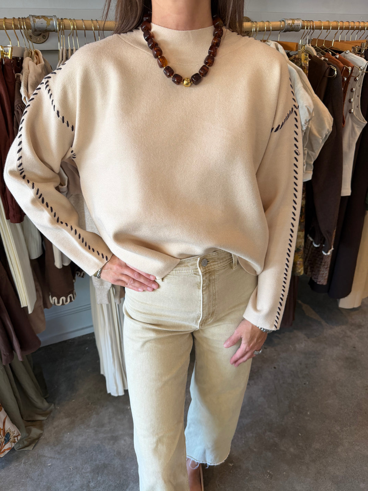 Beige Whipstitch Sweater