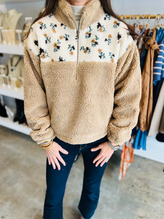 Floral Print Sherpa Pullover