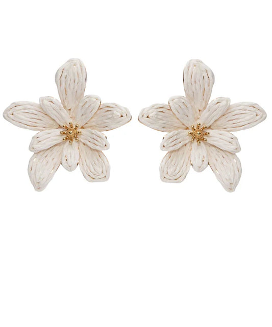 White Raffia Stud Earrings