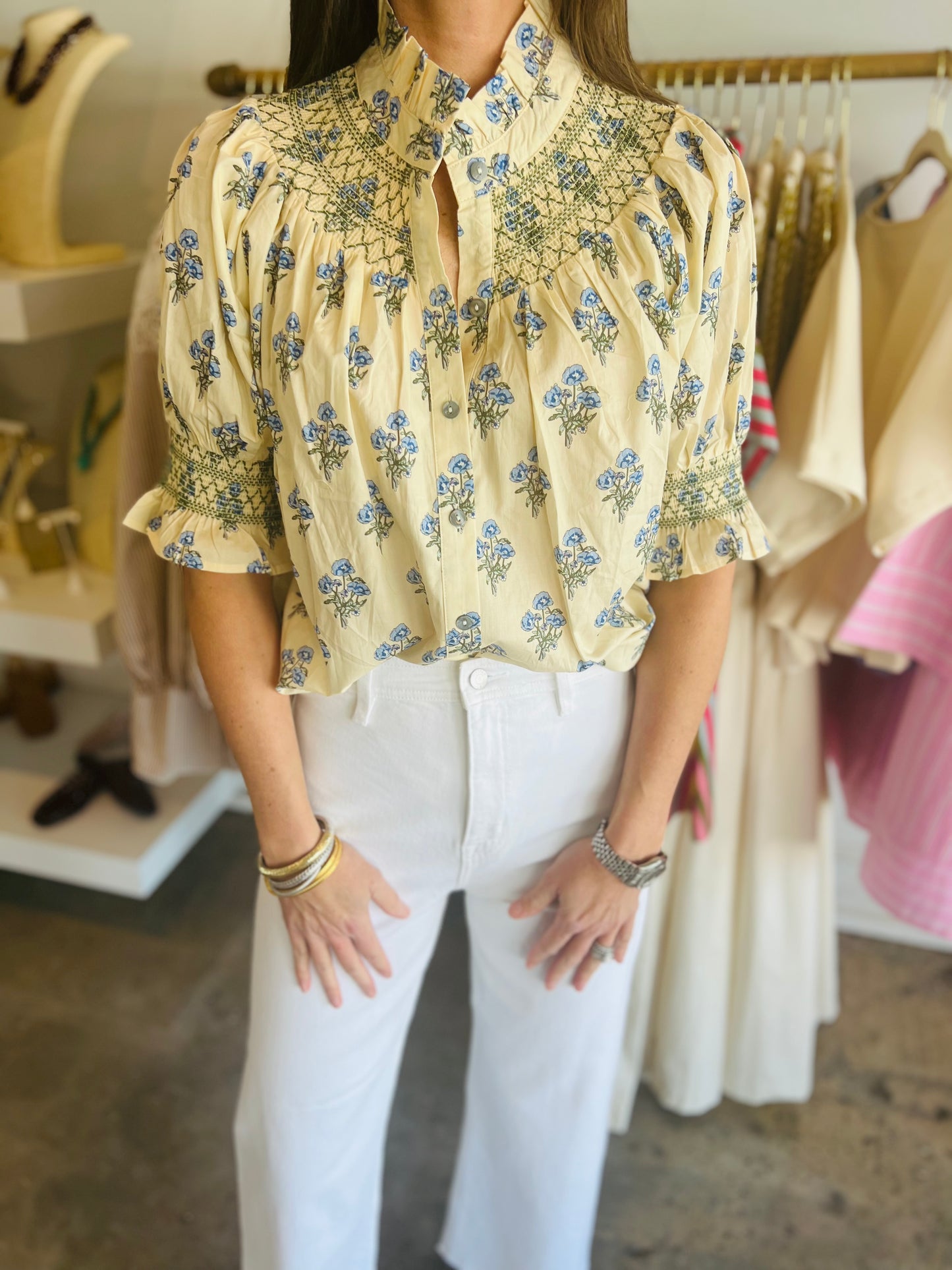 Pale Yellow Floral Smocked Blouse
