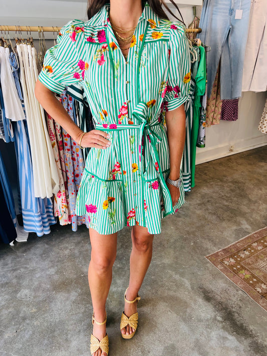 Green Floral Tie Waist Dress