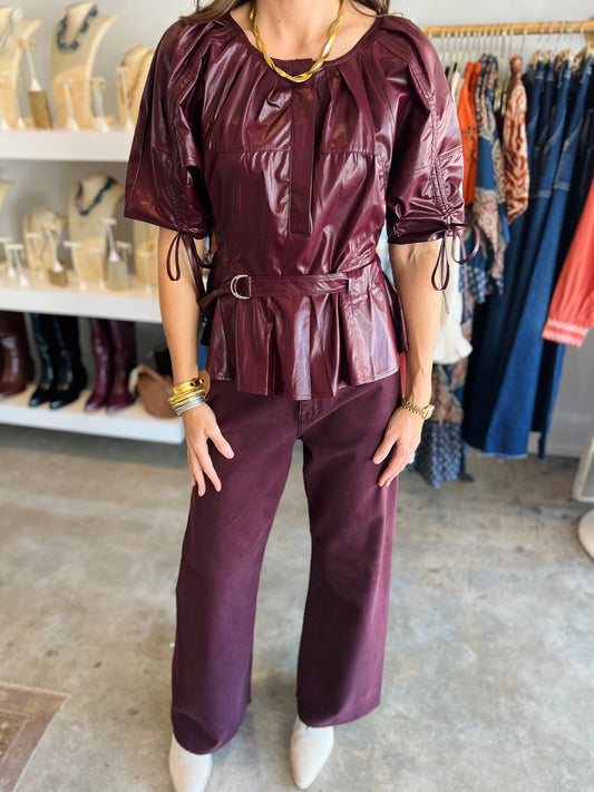 Belted Waist Faux Leather Top