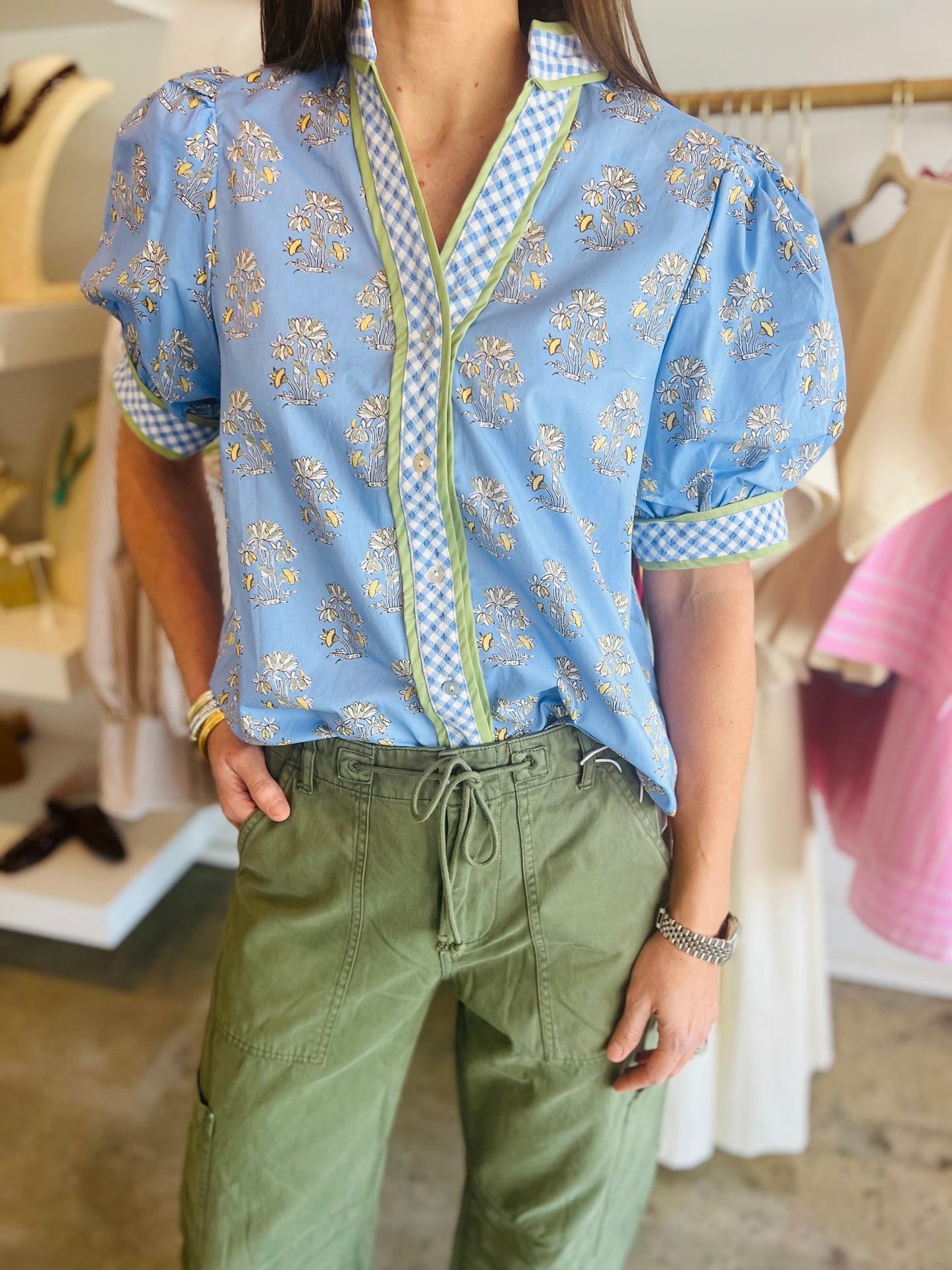 Blue Floral Gingham Blouse