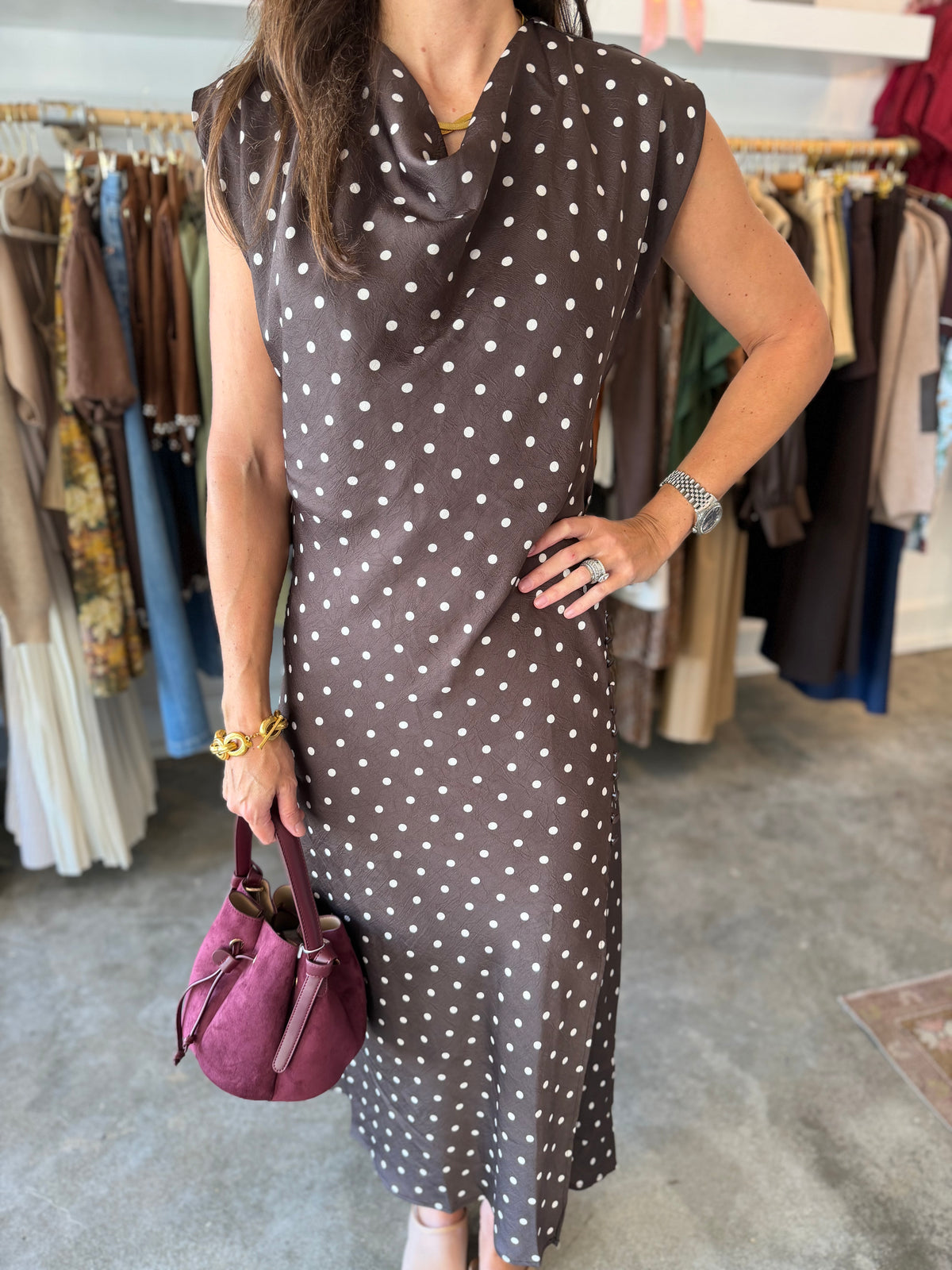 Cowl Neck Polka Dot Dress