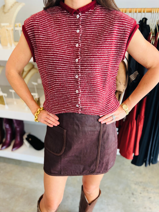 Wine Sleeveless Stripe Sweater