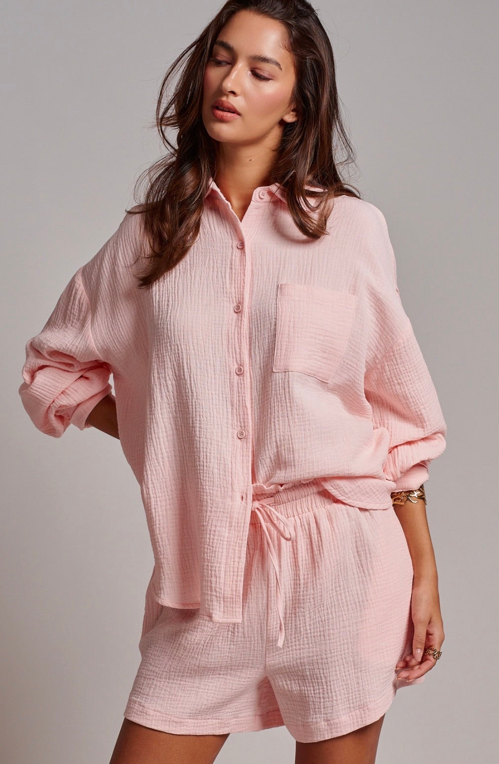 Pink Cotton Button Up Set