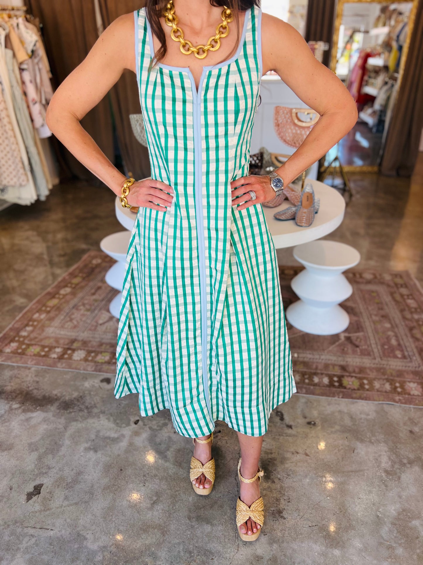 Green Gingham with Blue Stripe Dress