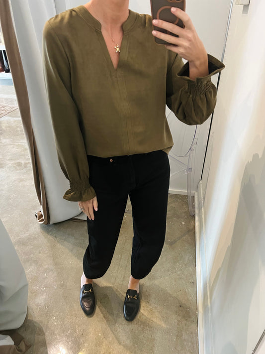 Olive Suede Longsleeve Vneck