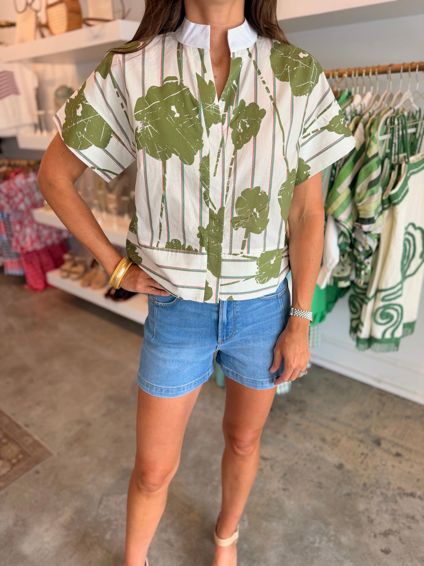 Green Pattern Vneck Top