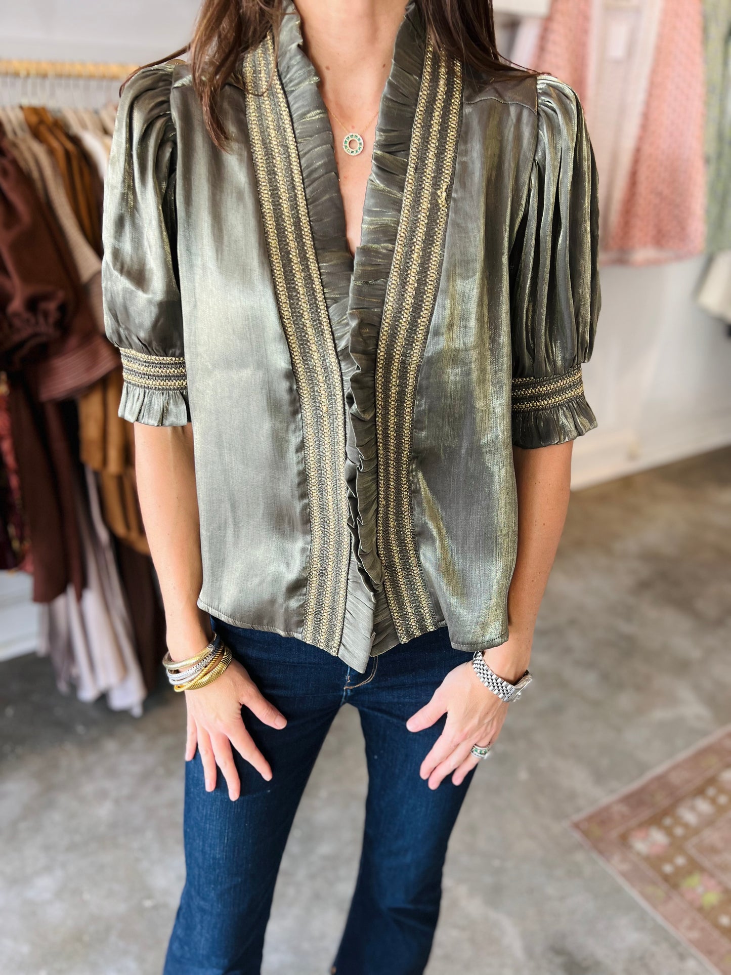 Shimmer Olive Ruffle Blouse