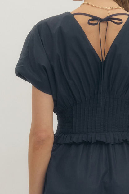 Dark Navy Pleat Waist Dress