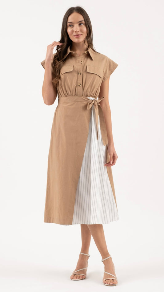 Khaki Button Down Tie Waist Dress