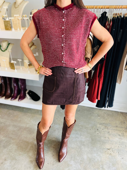 Wine Sleeveless Stripe Sweater