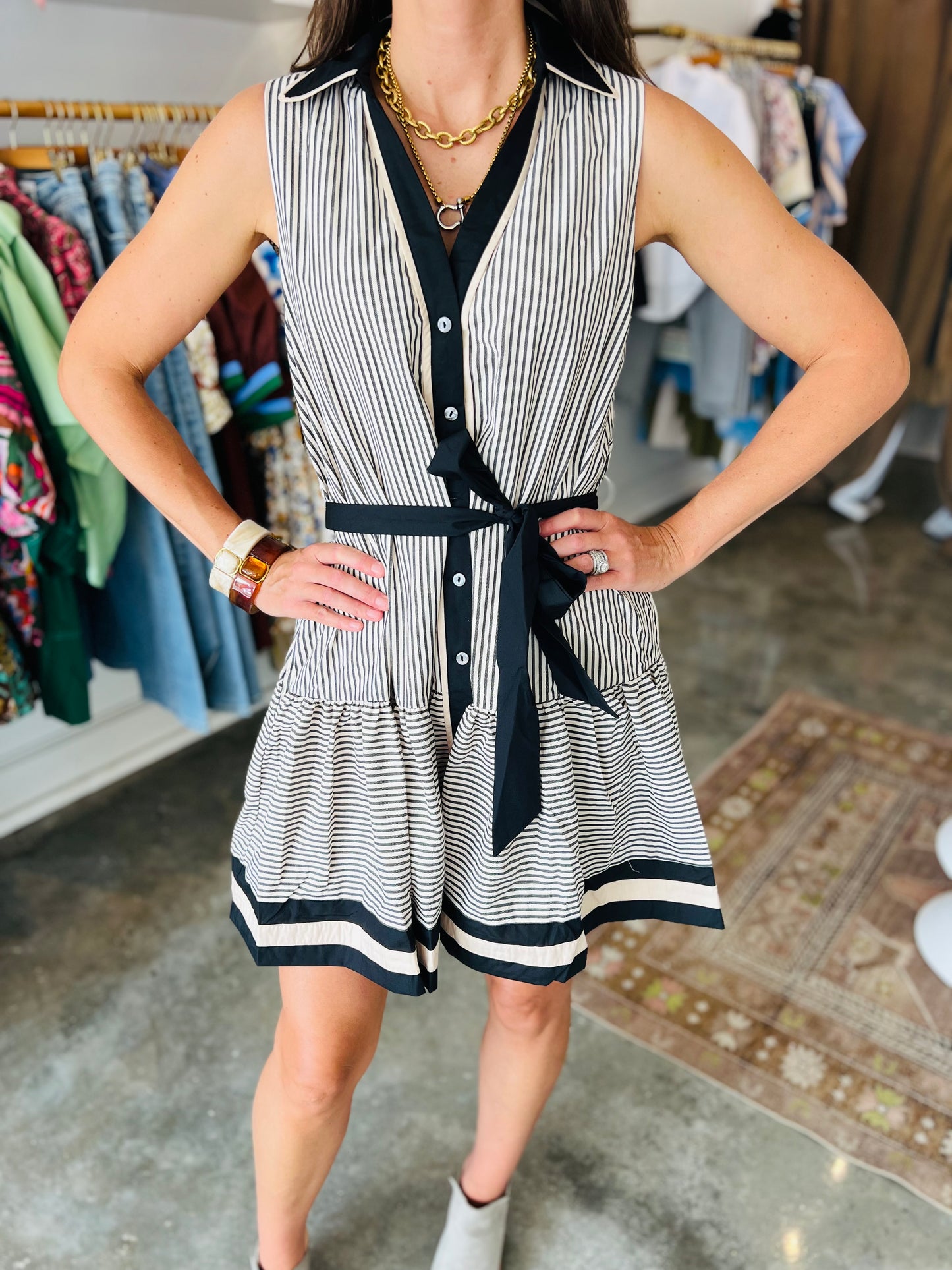 Black Stripe Ruffle Hem Dress