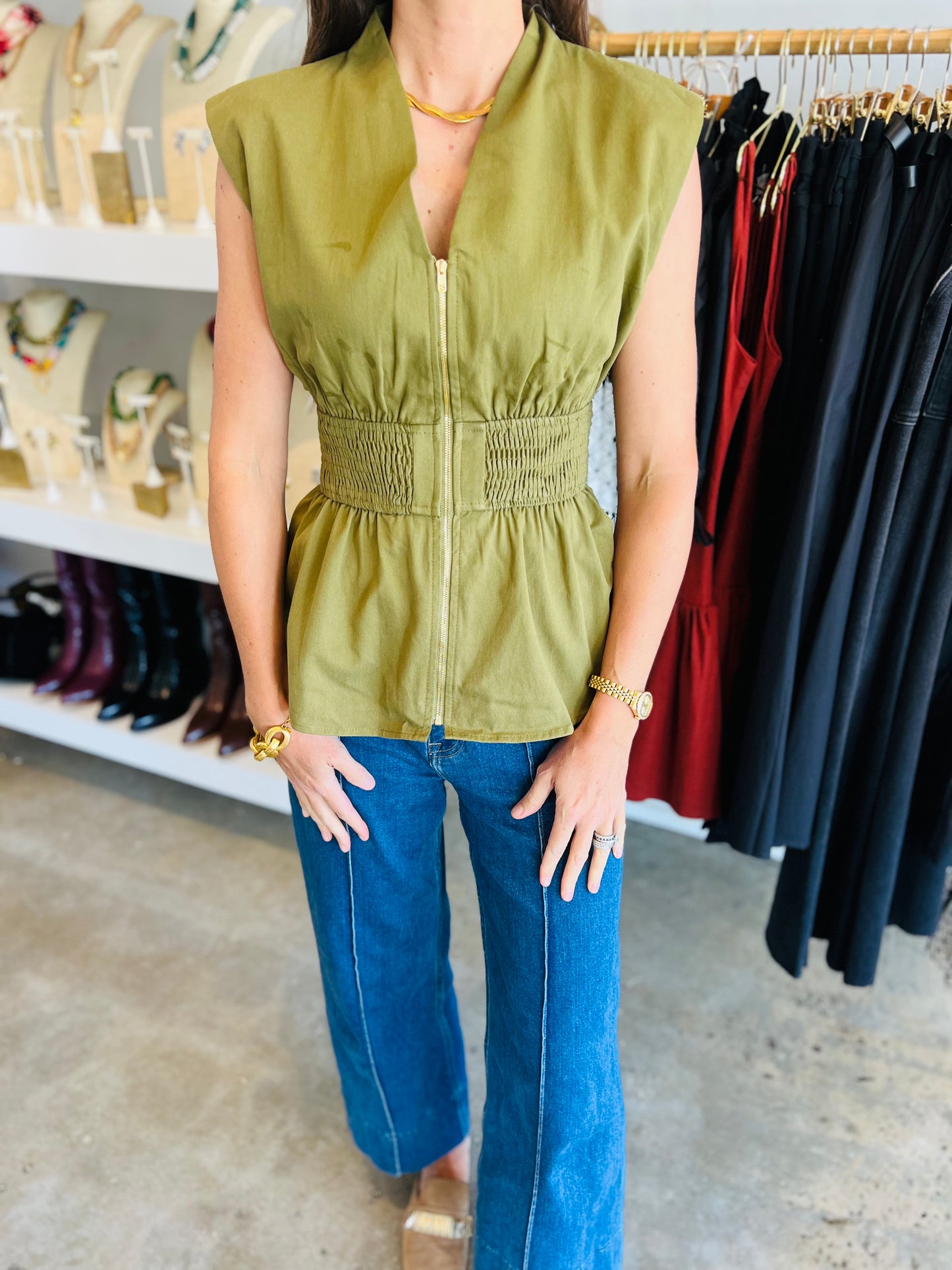 Olive Zipper Top
