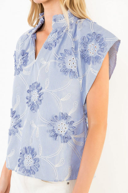 Blue Flower Ribbon Detail Top