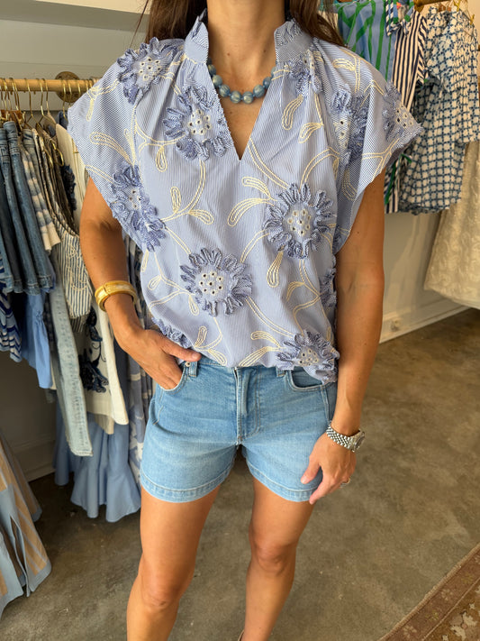 Blue Flower Ribbon Detail Top
