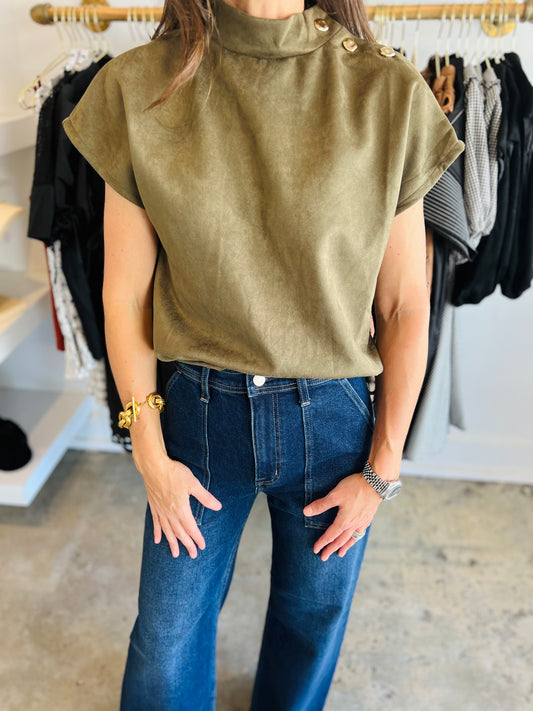 Olive High Neck Suede Sleeveless Top