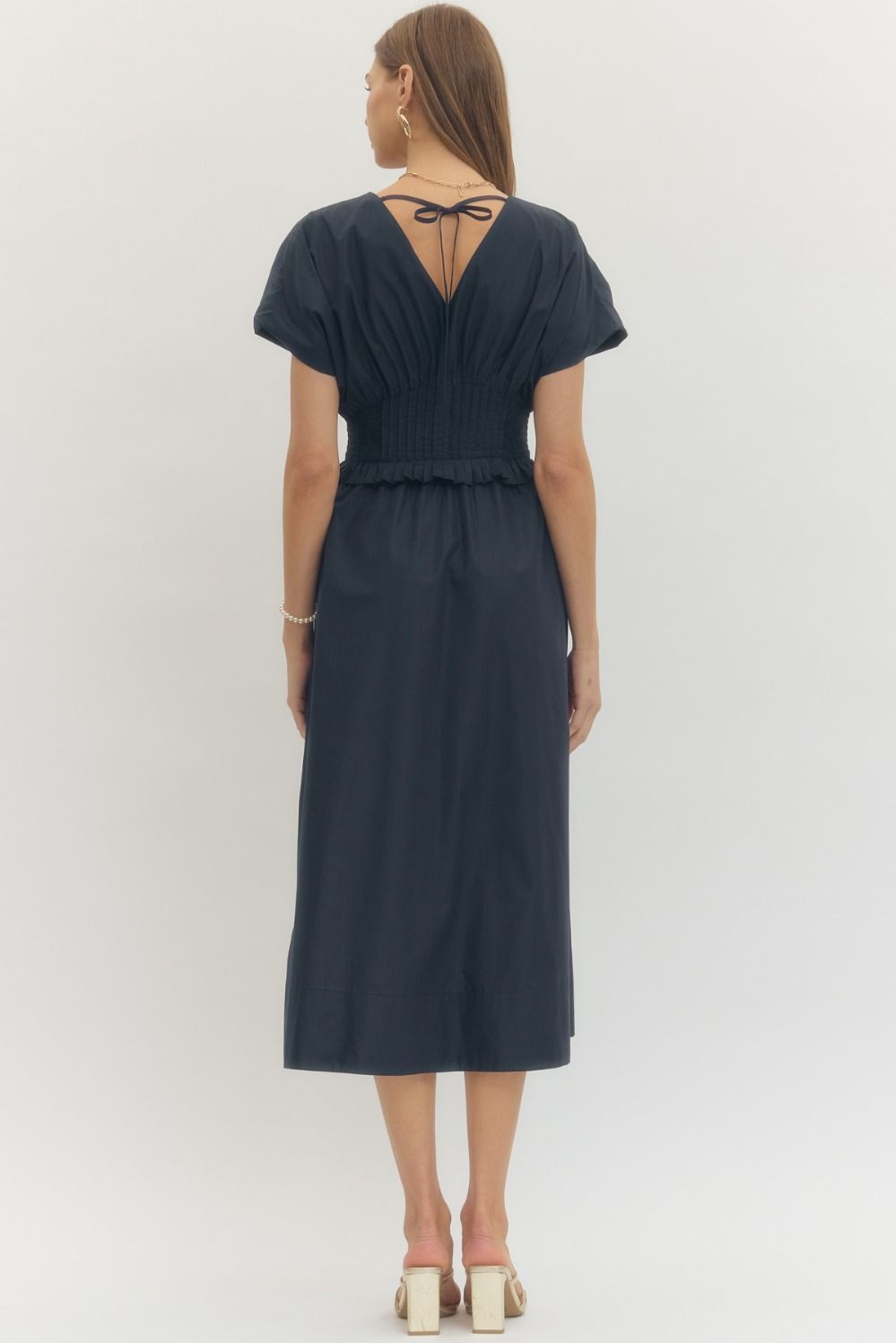 Dark Navy Pleat Waist Dress