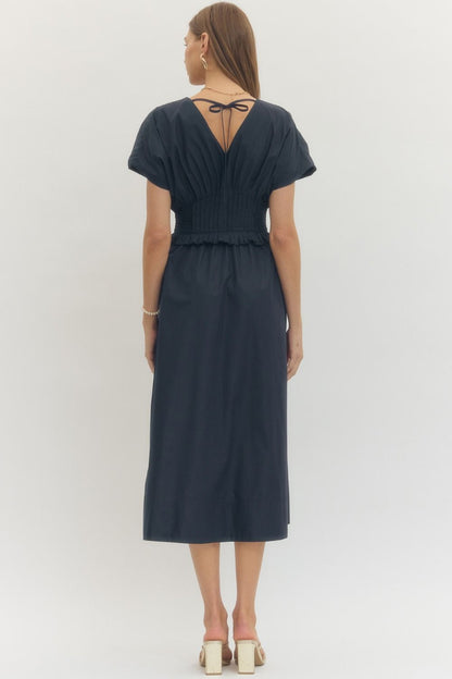 Dark Navy Pleat Waist Dress