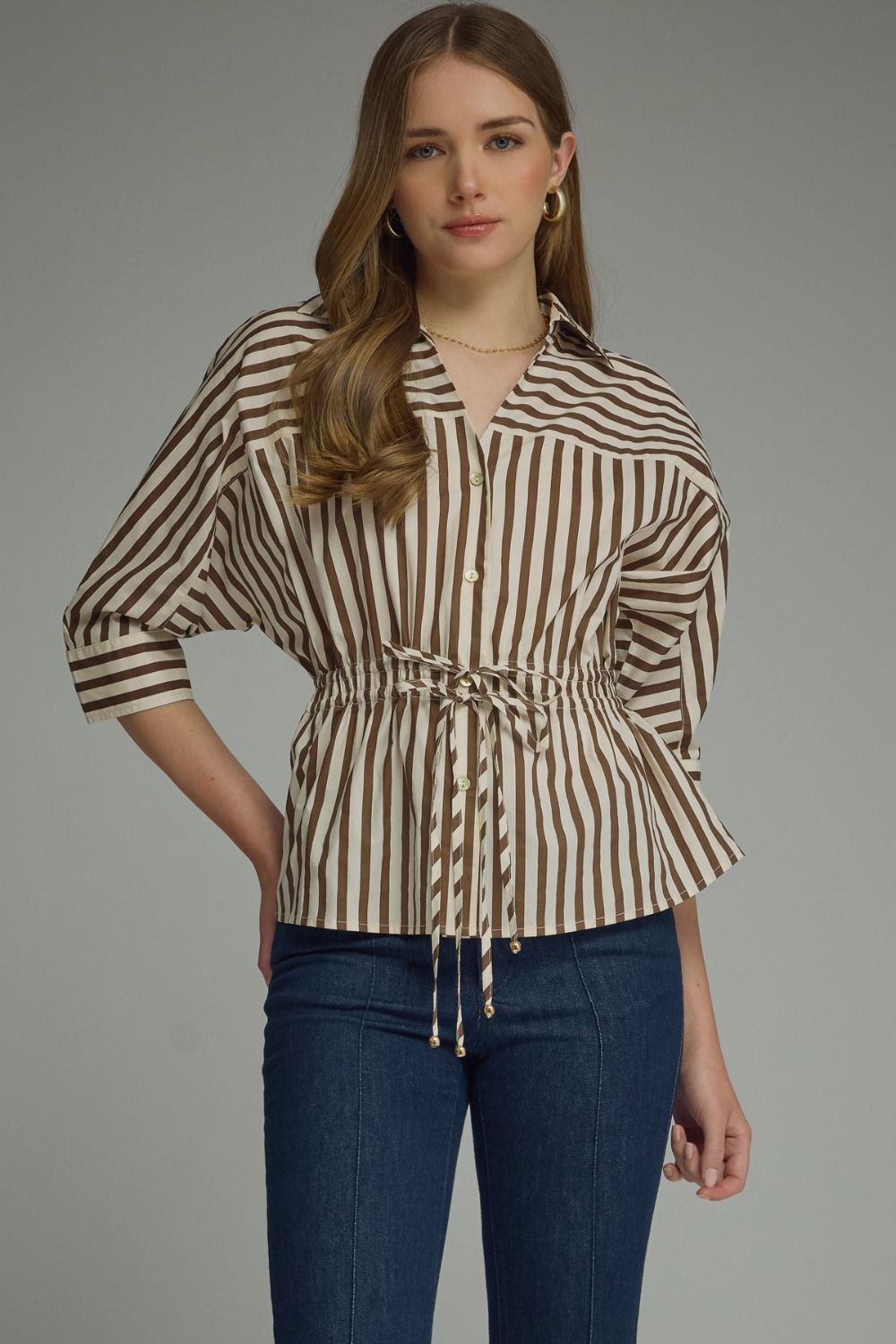 Brown Stripe Tie Waist Top