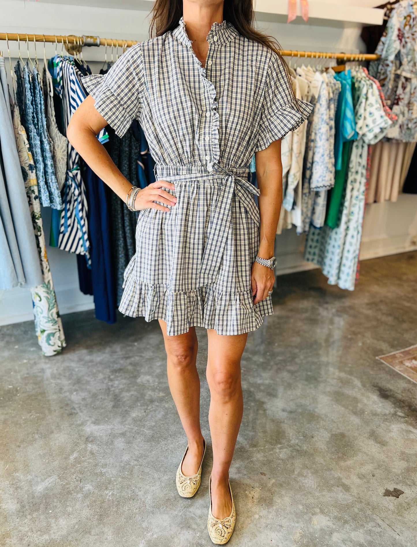 Navy Plaid Ruffle Dress